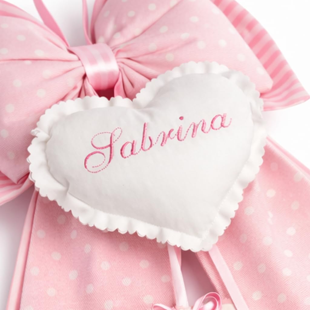 Fiocco Nascita personalizzato con nome sul cuore. Dimensione 52 x 35 cm.. (Pois-rosa)