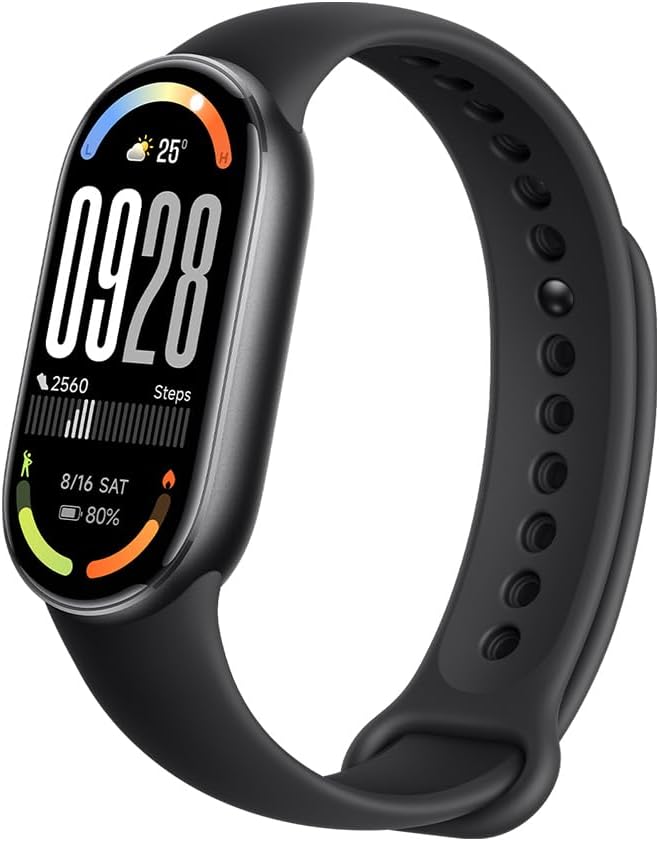 Xiaomi Smart Band 10 con display AMOLED nitido e cinturino nero elegante, vista frontale.