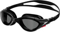 Occhialini da nuoto Speedo Biofuse 2.0 neri e azzurri su sfondo bianco, ideali per piscina e mare.