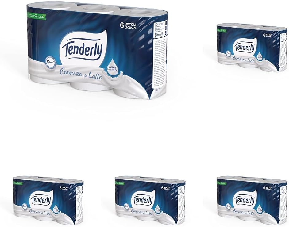 Tenderly Carezza di Latte, 6 Rotoli di Carta Igienica Morbidissima 2 Veli, Realizzata con Fibre 100% Naturali di Latte, Made in Italy