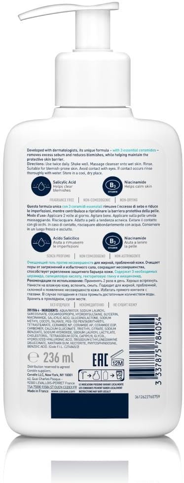 CeraVe Detergente Controllo Imperfezioni, Per Pelle Grassa con Tendenza Acneica, Azione Purificante, Imperfezioni Ridotte,…