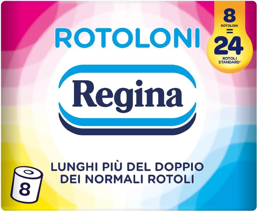 Regina Rotoloni, 8 Maxi Rotoli di Carta Igienica a 2 Veli | 500 Fogli, Lunghi Più del Doppio dei Normali Rotoli, Confezione 50% in…