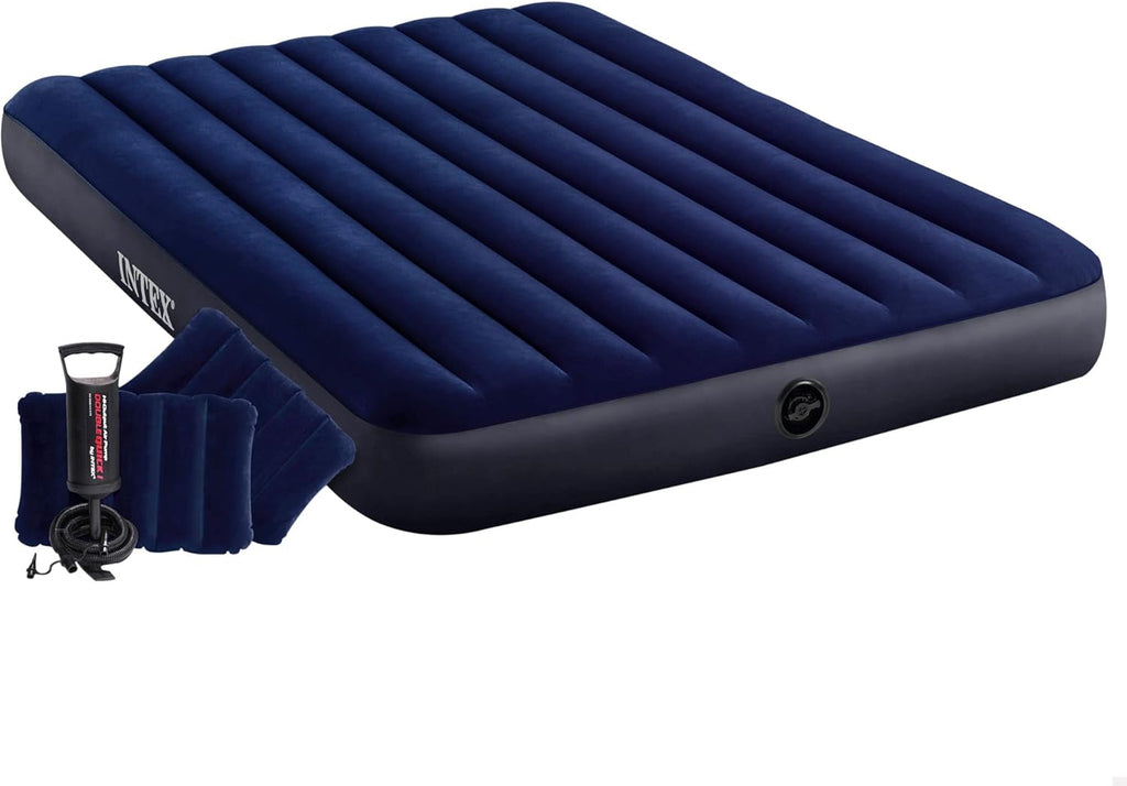 Intex 64765 - Materasso Gonfiabile Classic Downy Matrimoniale, Due Cuscini e Pompa Manuale, PVC, Blu, 152x203x25 cm