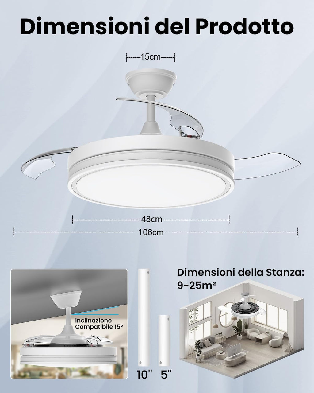Airwit 106cm Ventilatore da Soffitto con Luce e pale retrattili, Silenzioso Lampada Ventilatore da Soffitto…