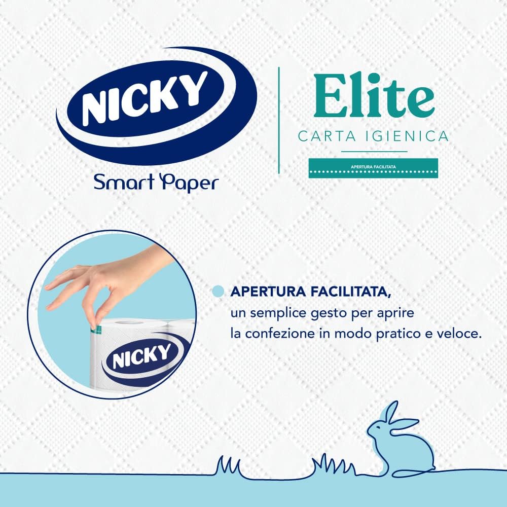 Nicky Elite - 4 Rotoli di Carta Igienica a 3 Veli | 170 Soffici Fogli, Morbida e Resistente a Contatto con la Pelle, Dermatologicamente…