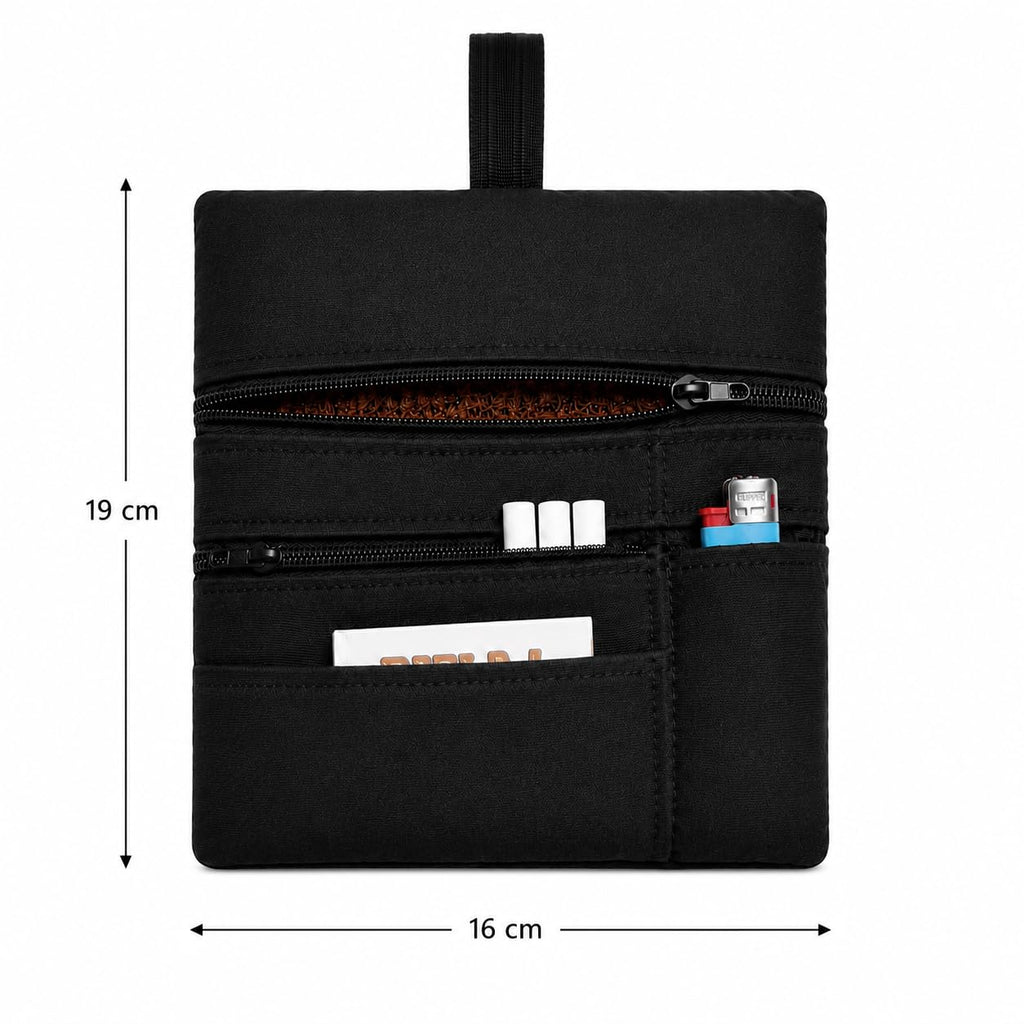 Russo Handmade Portatabacco Artigianale in Tessuto con Doppia Zip, 4 Scomparti Porta Cartine e Filtri, Nero