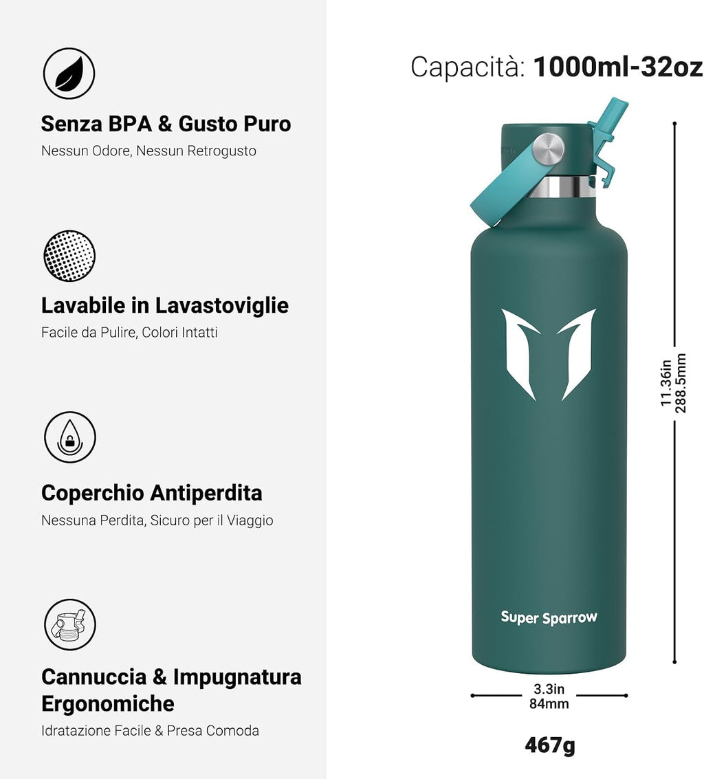 Super Sparrow Borraccia Termica, Acciaio Inox Bottiglia Termica - 350ml, 500ml, 750ml, 1L, 1.2L - Senza BPA Borracce, Borraccia…