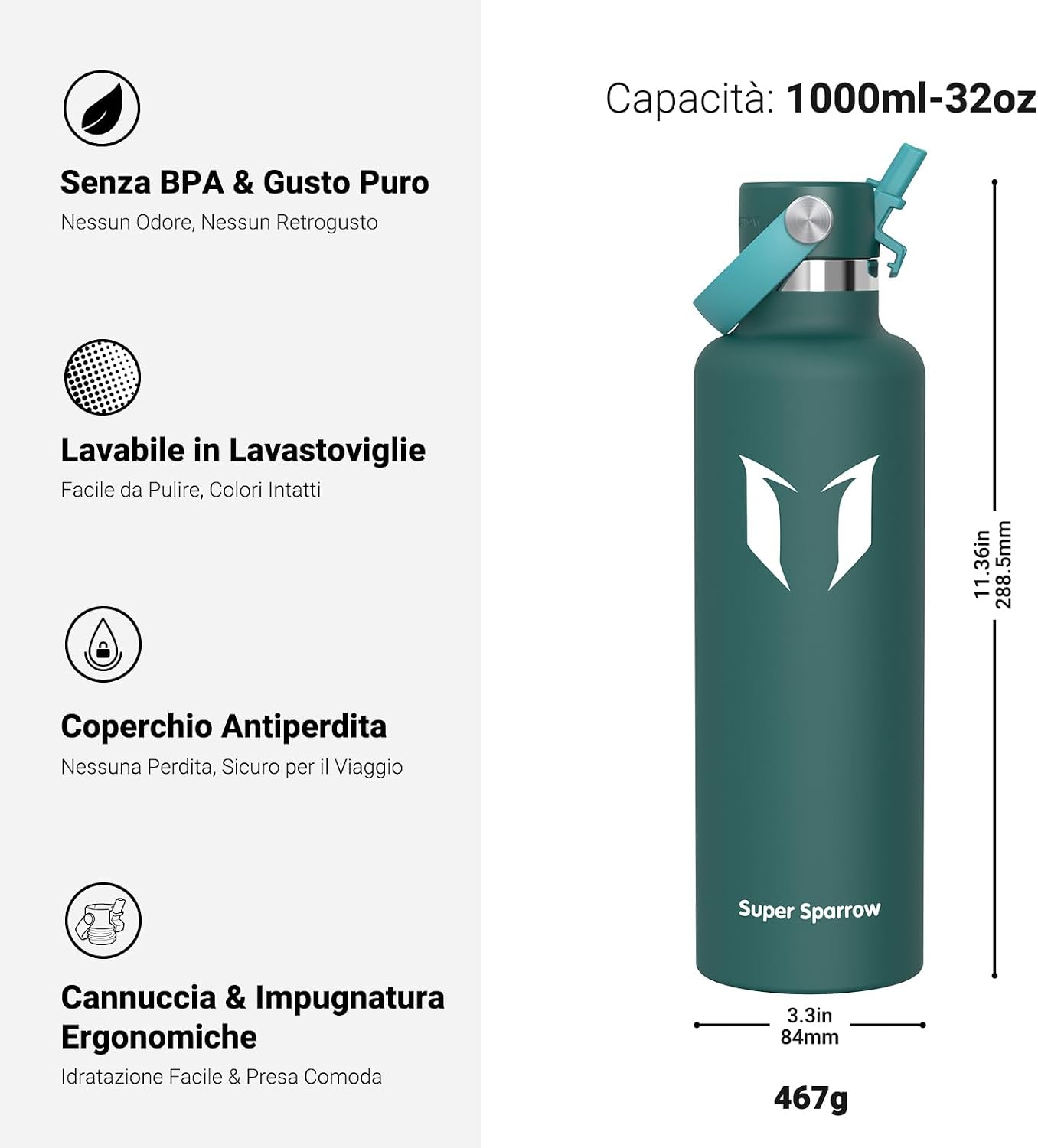 Super Sparrow Borraccia Termica, Acciaio Inox Bottiglia Termica - 350ml, 500ml, 750ml, 1L, 1.2L - Senza BPA Borracce, Borraccia…