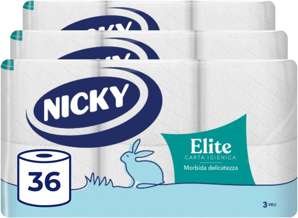 Nicky Elite - 4 Rotoli di Carta Igienica a 3 Veli | 170 Soffici Fogli, Morbida e Resistente a Contatto con la Pelle, Dermatologicamente…