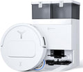 Robot aspirapolvere ECOVACS DEEBOT T50 OMNI con stazione di svuotamento all-in-one bianca in un soggiorno moderno.
