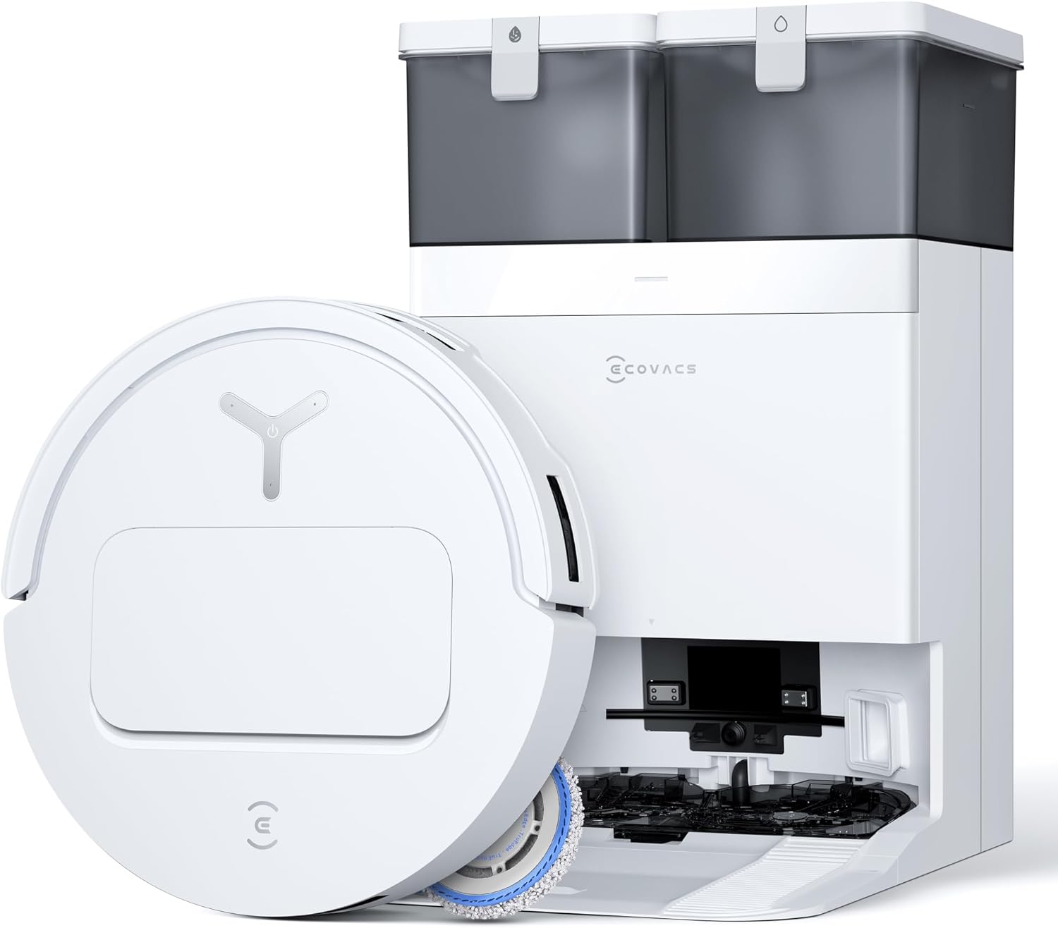 Robot aspirapolvere ECOVACS DEEBOT T50 OMNI con stazione di svuotamento all-in-one bianca in un soggiorno moderno.