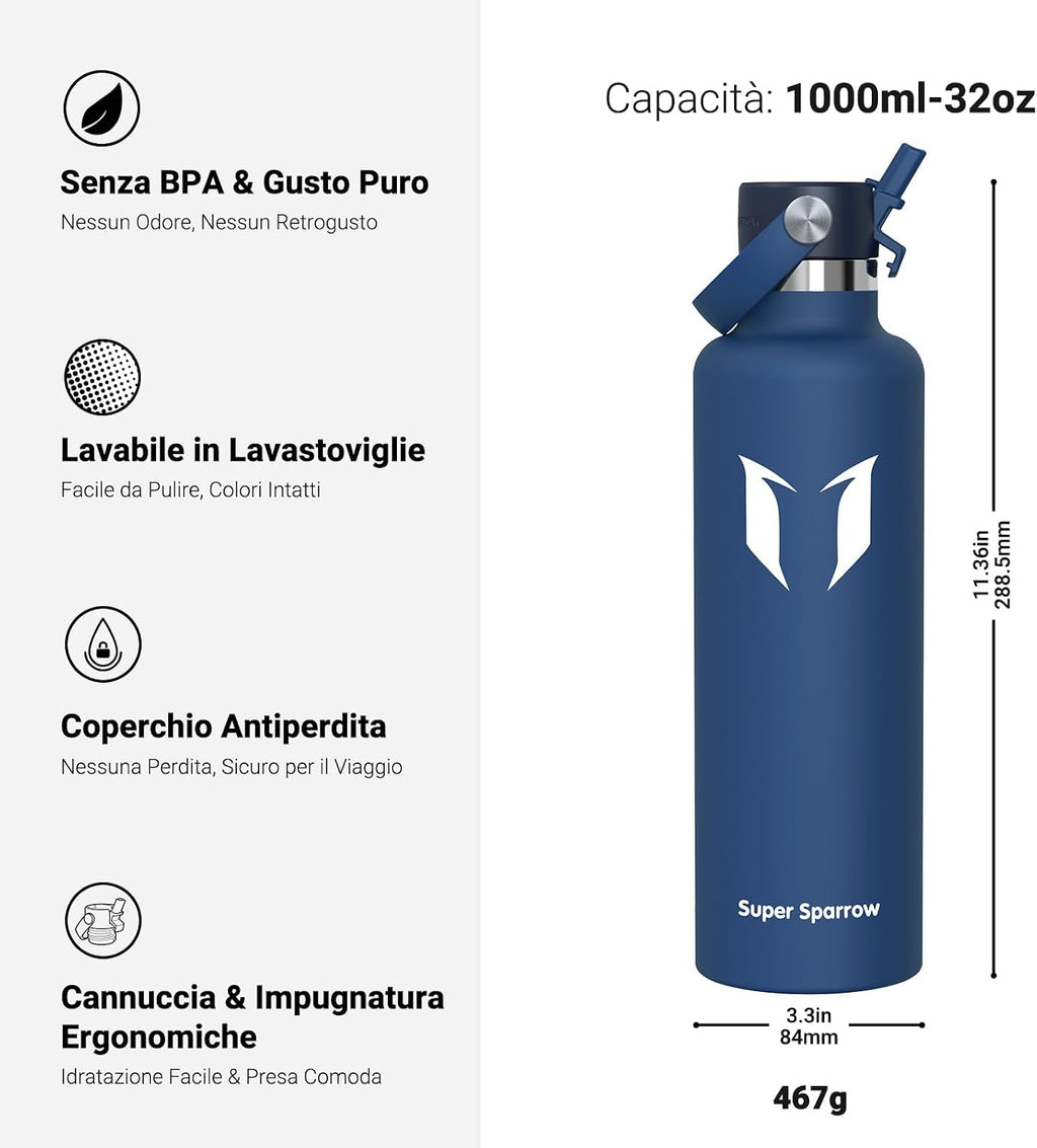 Super Sparrow Borraccia Termica, Acciaio Inox Bottiglia Termica - 350ml, 500ml, 750ml, 1L, 1.2L - Senza BPA Borracce, Borraccia…