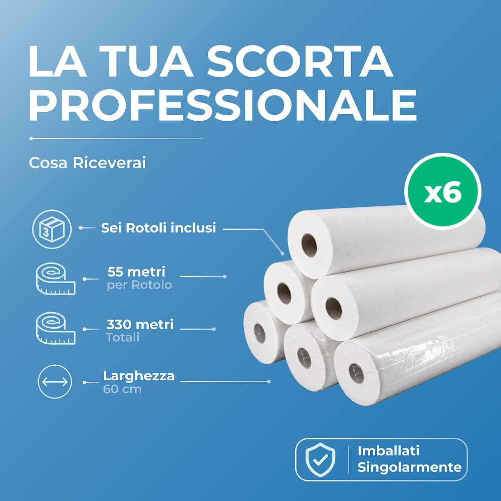 IMBALLAGGI 2000 - Rotolo Carta Lettino Massaggio, 6 Pezzi 60 cm x 55M in 100% Cellulosa, 1x6 Rotoli Carta Lettino Estetista Assorbenti…