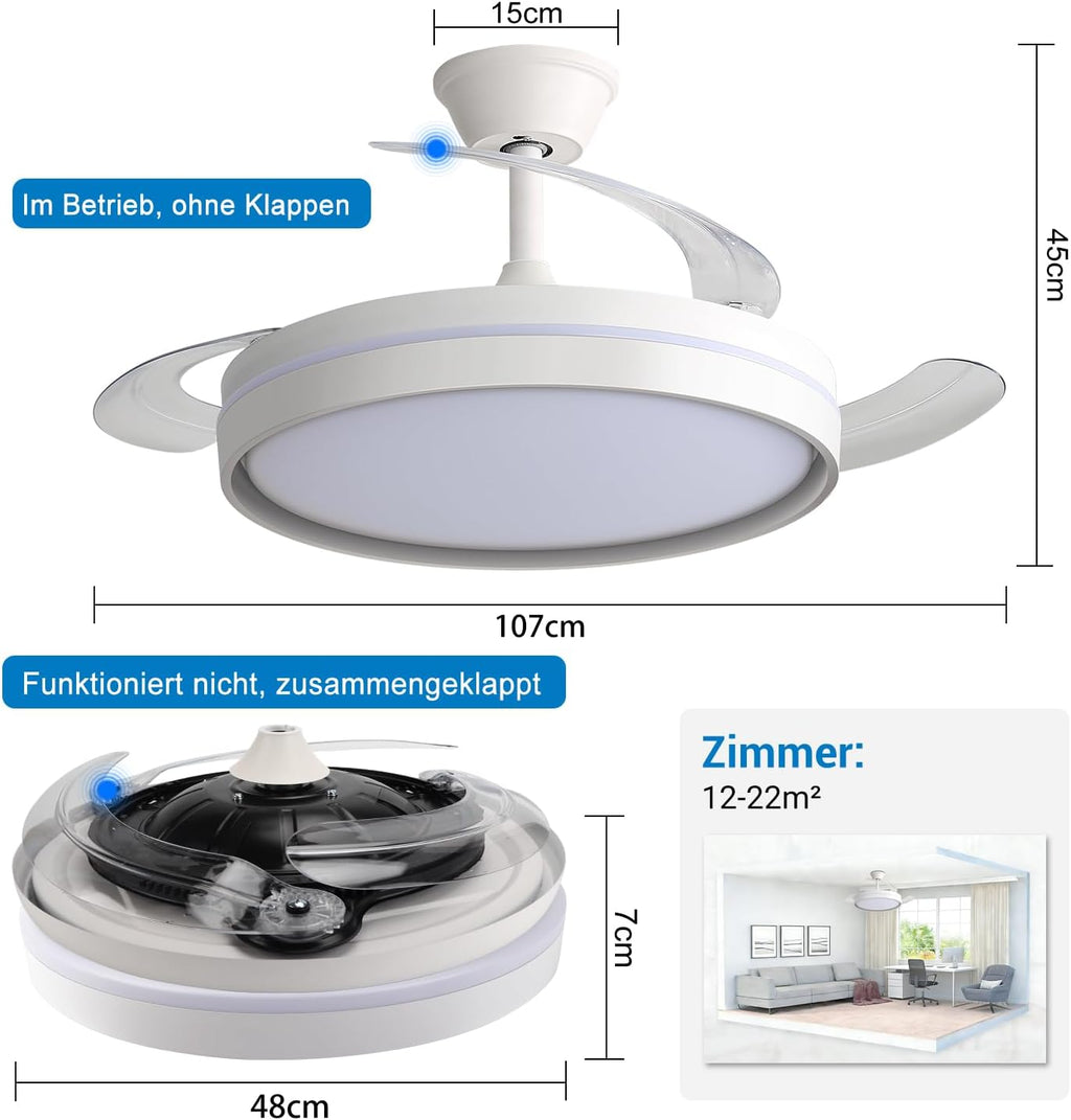 EXTRASTAR 106cm Ventilatore da Soffitto con Luce e pale retrattili, Silenzioso Lampada Ventilatore…