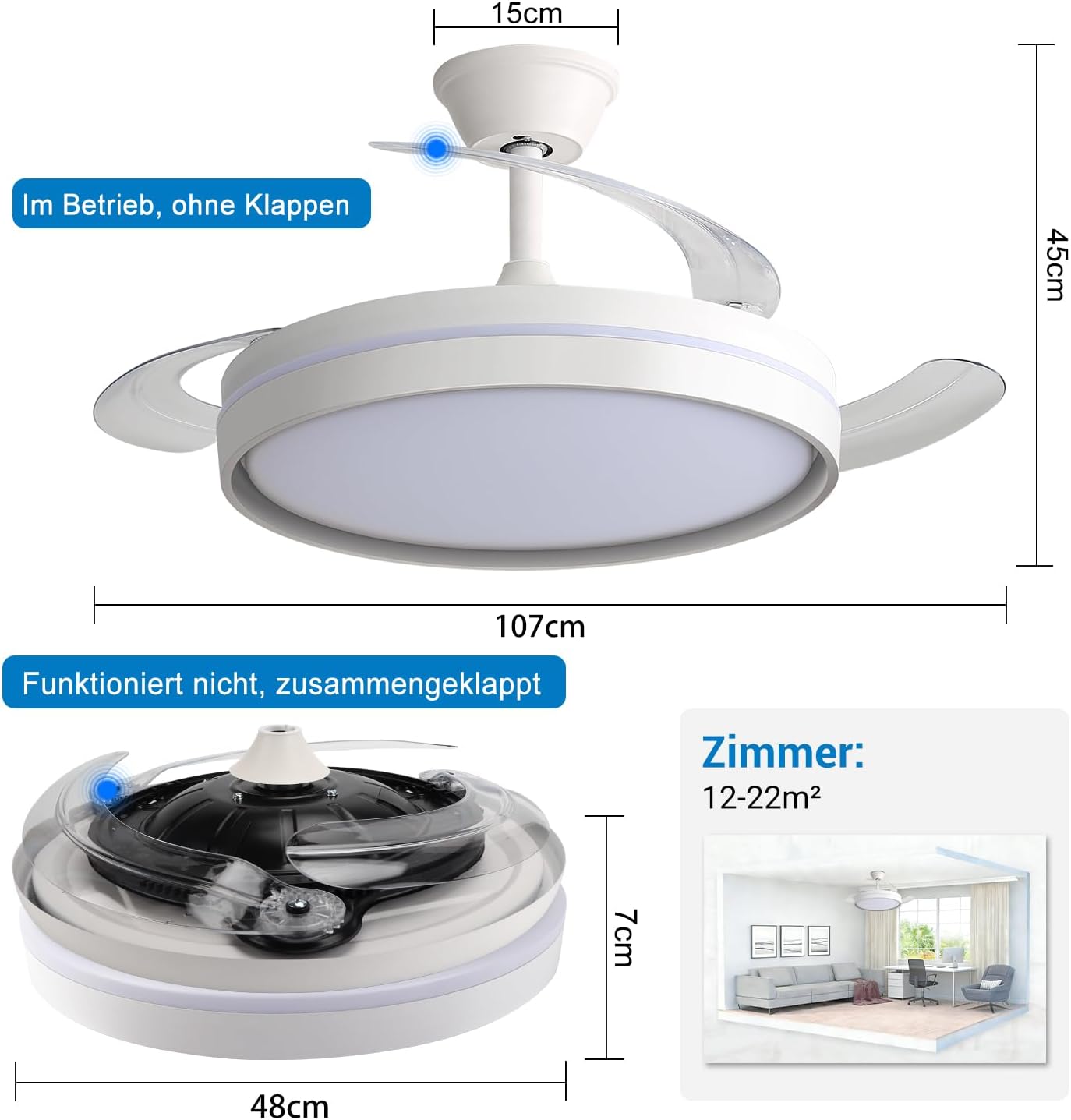 EXTRASTAR 106cm Ventilatore da Soffitto con Luce e pale retrattili, Silenzioso Lampada Ventilatore…