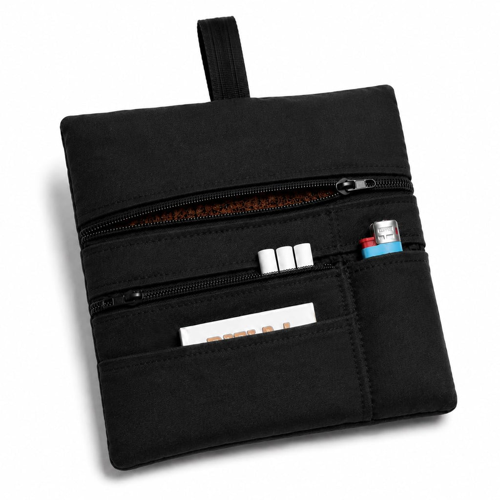 Russo Handmade Portatabacco Artigianale in Tessuto con Doppia Zip, 4 Scomparti Porta Cartine e Filtri, Nero