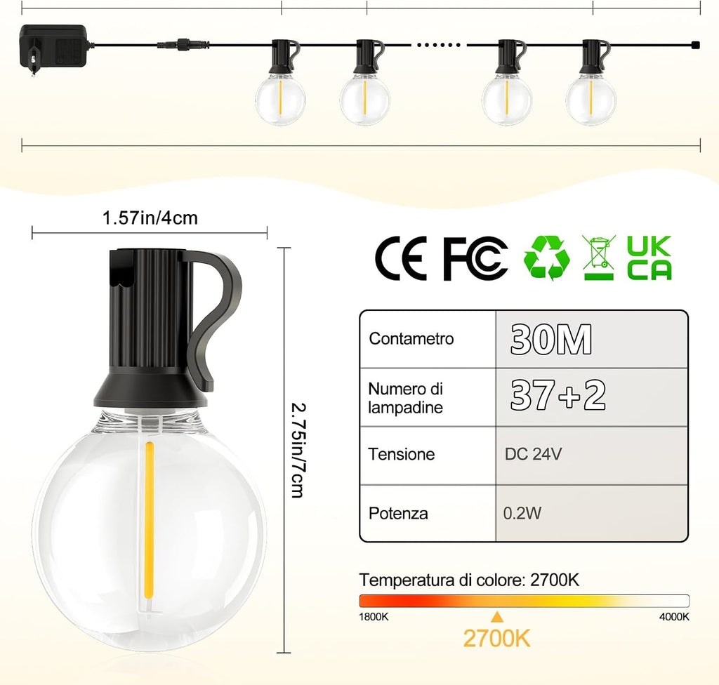 30 Metri Esterno Luci Giardino Catena - LED Lampadine Luminosa Gazebo Filo Illuminazione Balcone Lucine Terrazzo Luce Lampade…