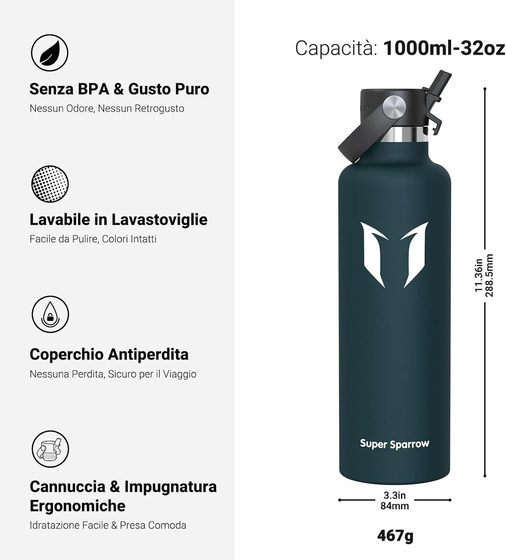 Super Sparrow Borraccia Termica, Acciaio Inox Bottiglia Termica - 350ml, 500ml, 750ml, 1L, 1.2L - Senza BPA Borracce, Borraccia…
