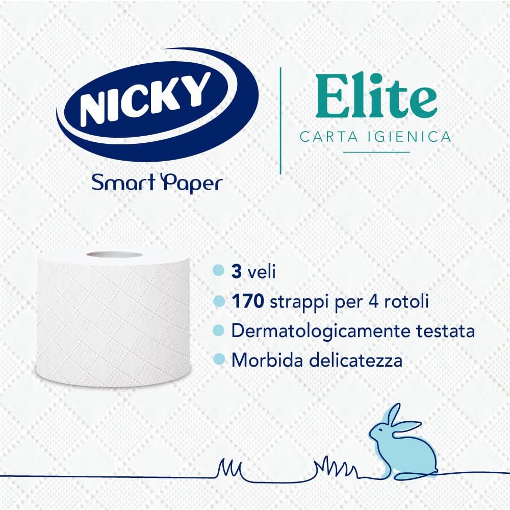 Nicky Elite - 4 Rotoli di Carta Igienica a 3 Veli | 170 Soffici Fogli, Morbida e Resistente a Contatto con la Pelle, Dermatologicamente…