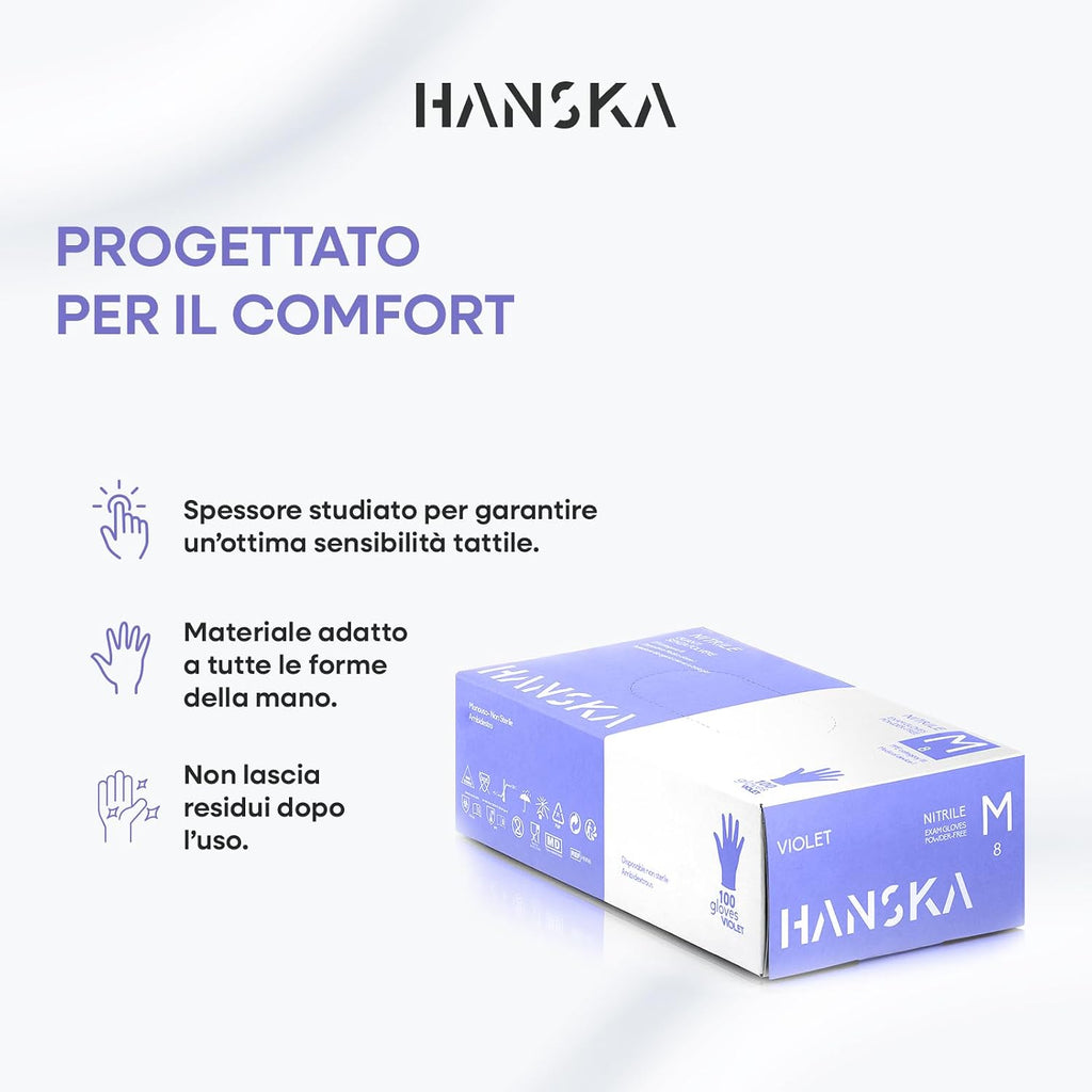 HANSKA 100 Guanti Monouso Nitrile Viola - Senza Polvere - Usa e Getta- Ambidestri - Non Sterili - Base di Gomma - Adatti per…