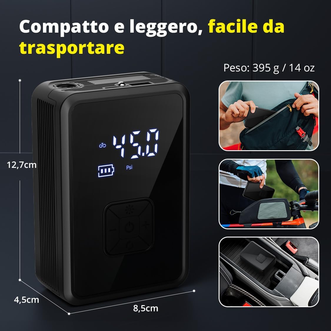 Oasser Mini Compressore Aria Portatile Auto, 150PSI (10,3Bar) Cilindro 17 mm con Schermo LCD Digitale e Torcia LED Type-C…