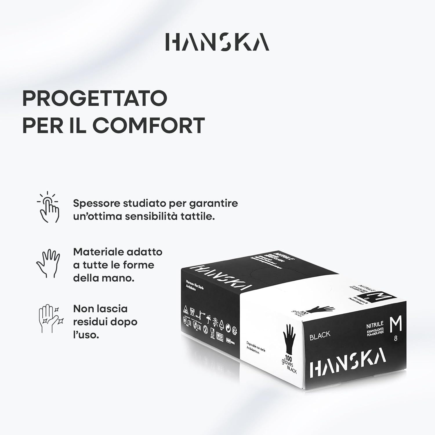 Guanti in nitrile neri HANSKA utilizzati in ambito estetico e tatuaggi, igienici e professionali.