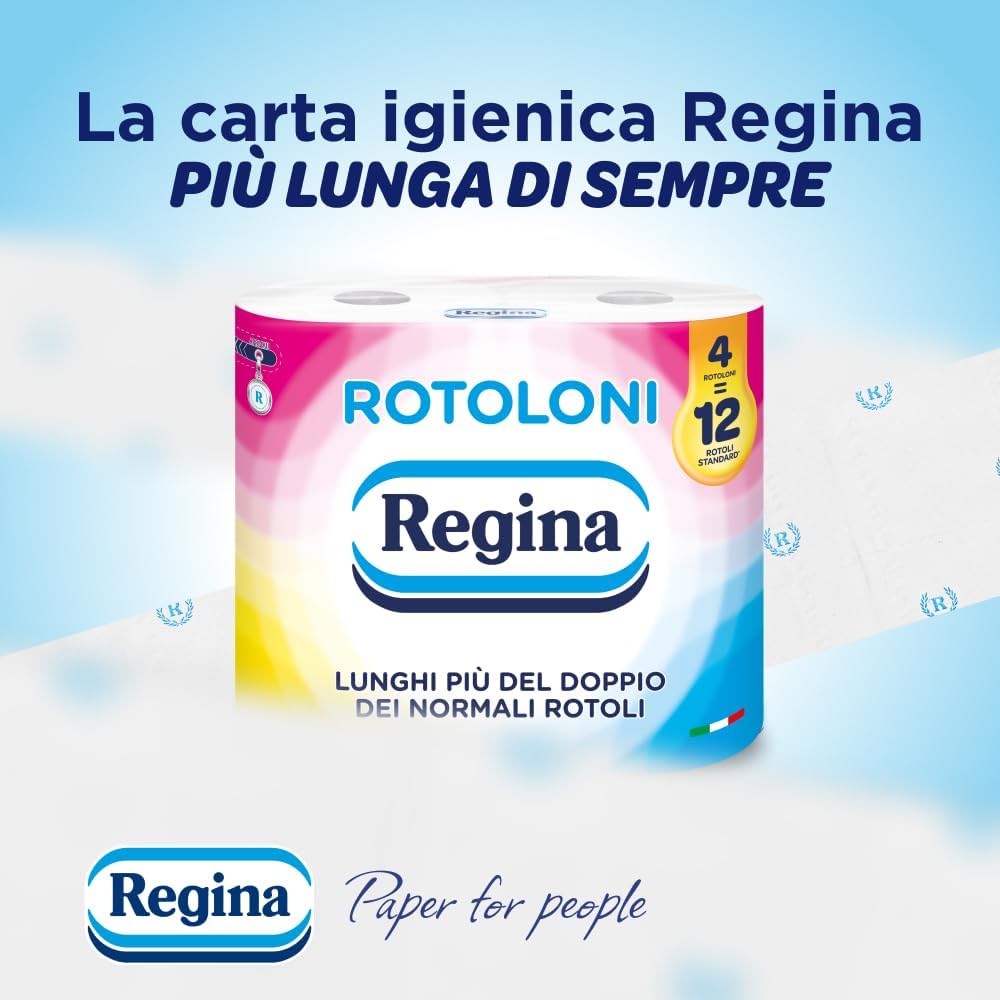 Regina Rotoloni, 8 Maxi Rotoli di Carta Igienica a 2 Veli | 500 Fogli, Lunghi Più del Doppio dei Normali Rotoli, Confezione 50% in…