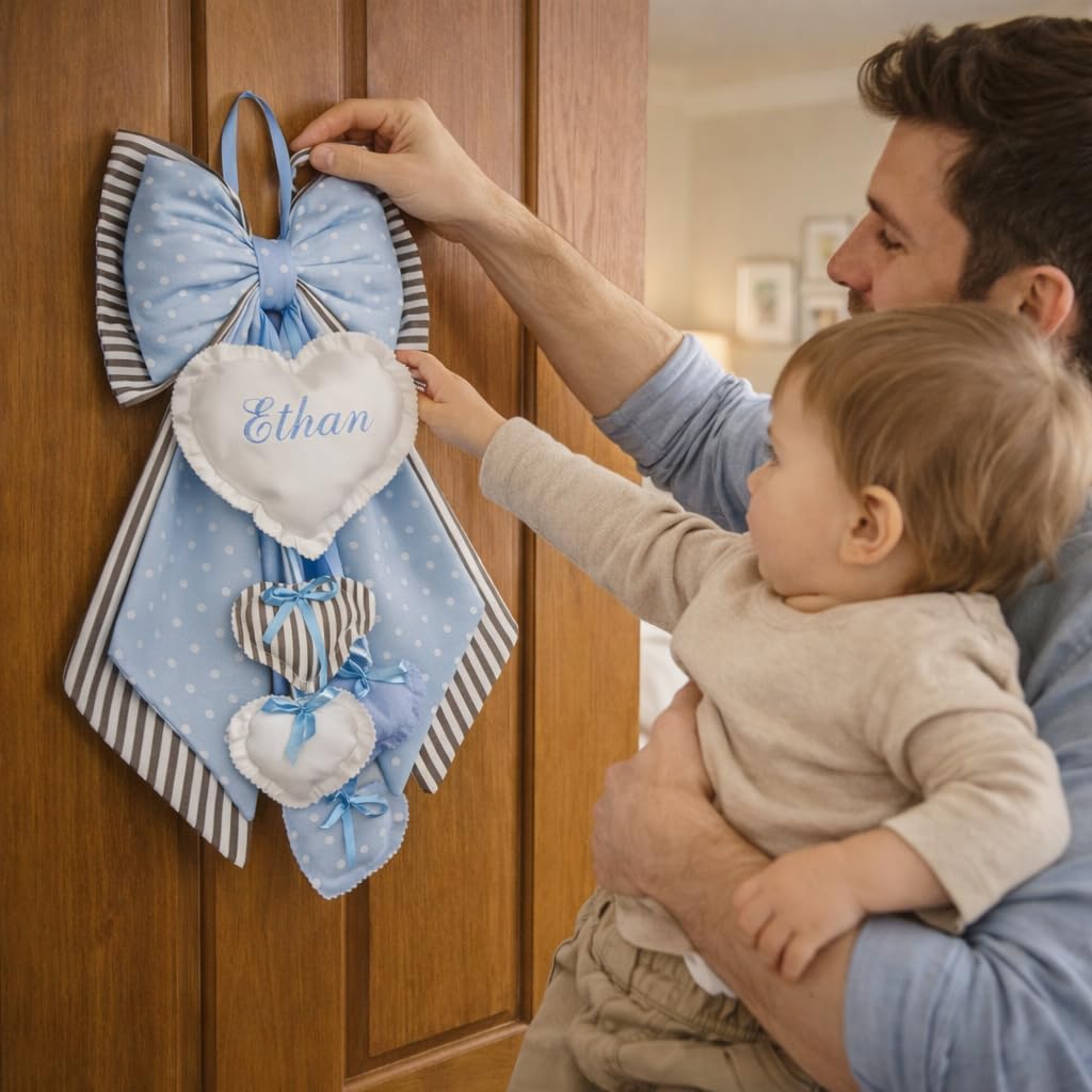 Fiocco Nascita personalizzato con nome sul cuore. Dimensione 52 x 35 cm.. (Pois-rosa)