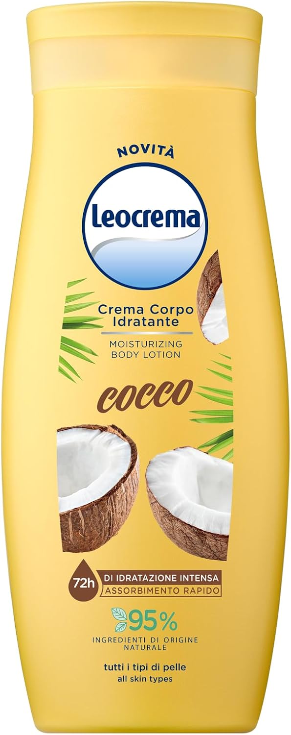 Leocrema, Crema Corpo Idratante al Cocco, Texture Leggera e Fluida per Tutti i Tipi di Pelle, 72H di Idratazione, 95% Ingredienti di…
