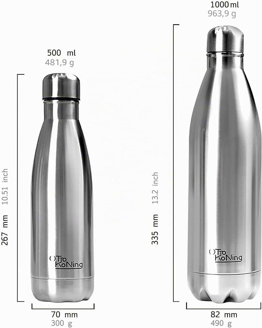 Borraccia Termica 1 Litro Otto Koning, Bottiglia Termica 1L in Acciaio Inox 18/8, Doppia Parete Sottovuoto, Freddo 24h Caldo…