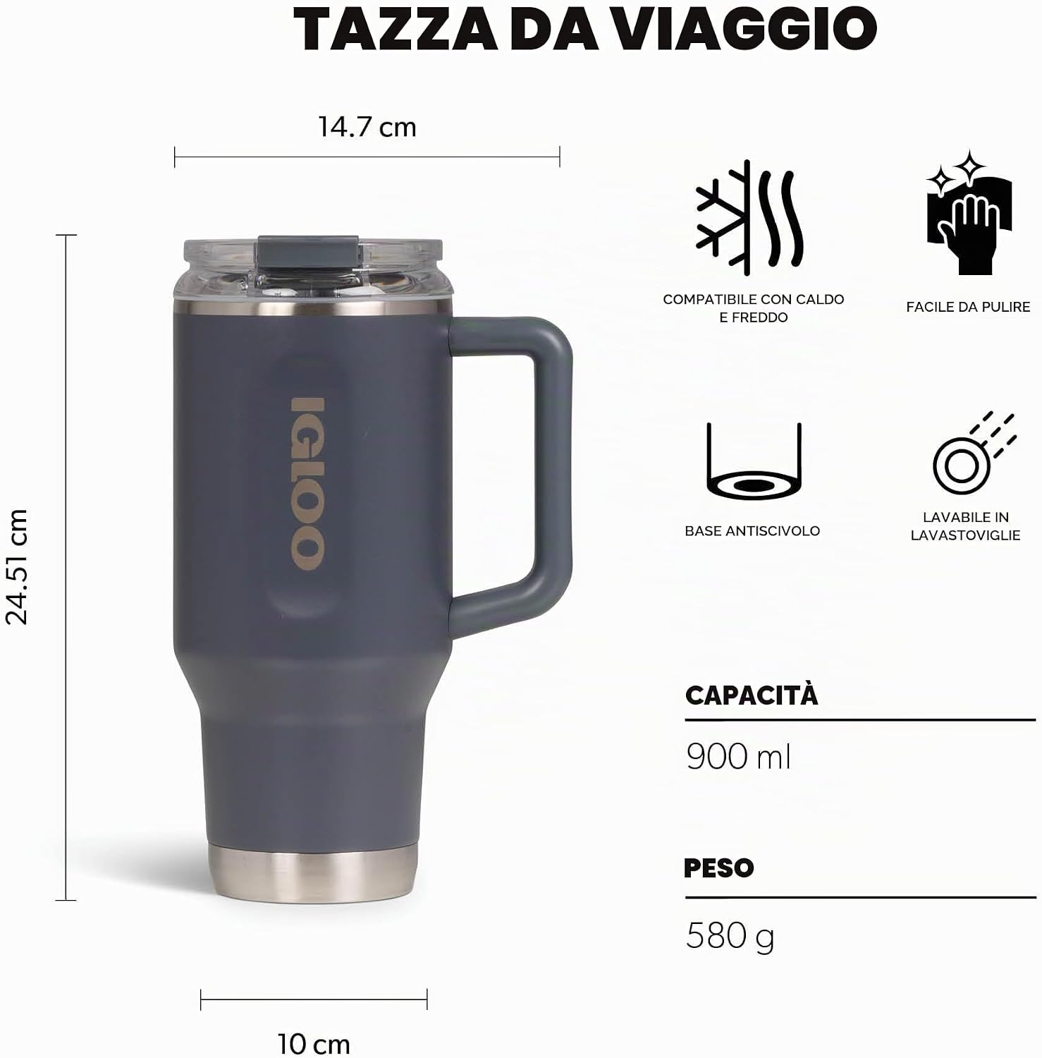 IGLOO TRAVEL MUG 32 tazza termica 900ml in acciaio inox con cannuccia – borraccia ermetica adatta a bevande gassate, senza…
