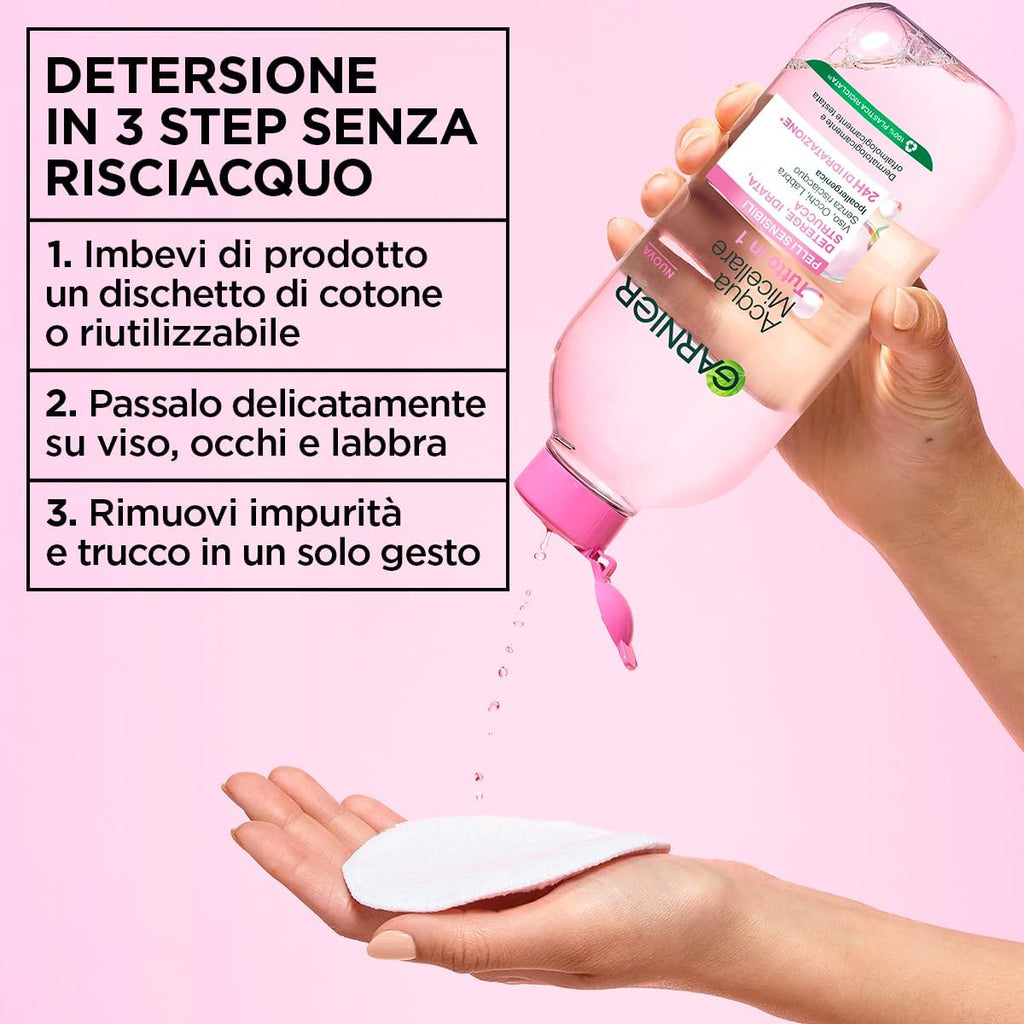 Garnier SkinActive Acqua Micellare Tutto in 1, Per Pelli Sensibili, 100% del Trucco Rimosso, Pelle Detersa e Idratata per 12H, Senza Residui…