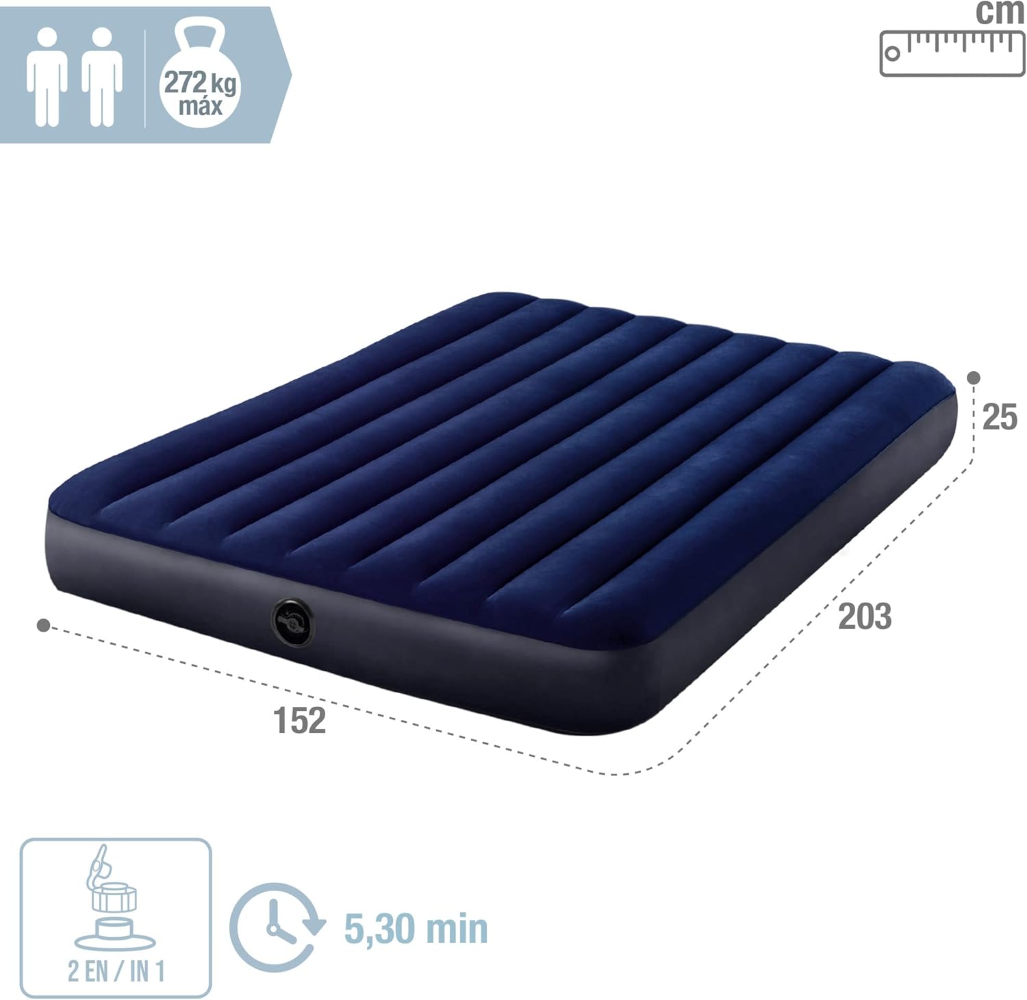 Intex 64765 - Materasso Gonfiabile Classic Downy Matrimoniale, Due Cuscini e Pompa Manuale, PVC, Blu, 152x203x25 cm