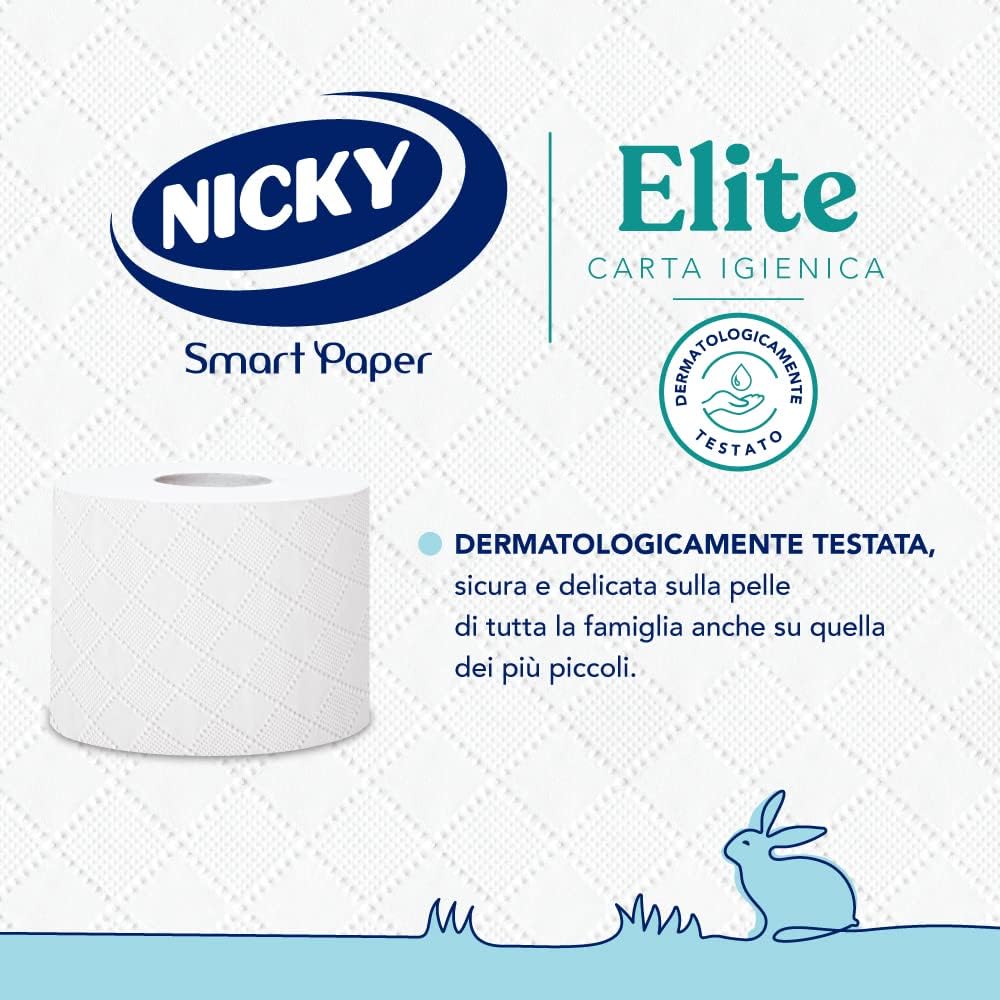Nicky Elite - 4 Rotoli di Carta Igienica a 3 Veli | 170 Soffici Fogli, Morbida e Resistente a Contatto con la Pelle, Dermatologicamente…