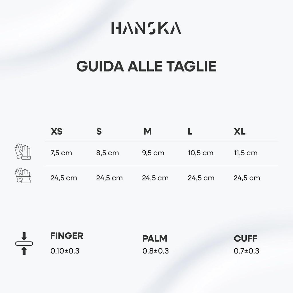 Vista posteriore e anteriore della scatola di guanti monouso HANSKA con specifiche tecniche e certificazioni.