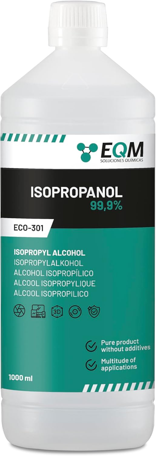 Bottiglia di alcool isopropilico 99,9% EQM ECO-301 da 1 litro per pulizia professionale.