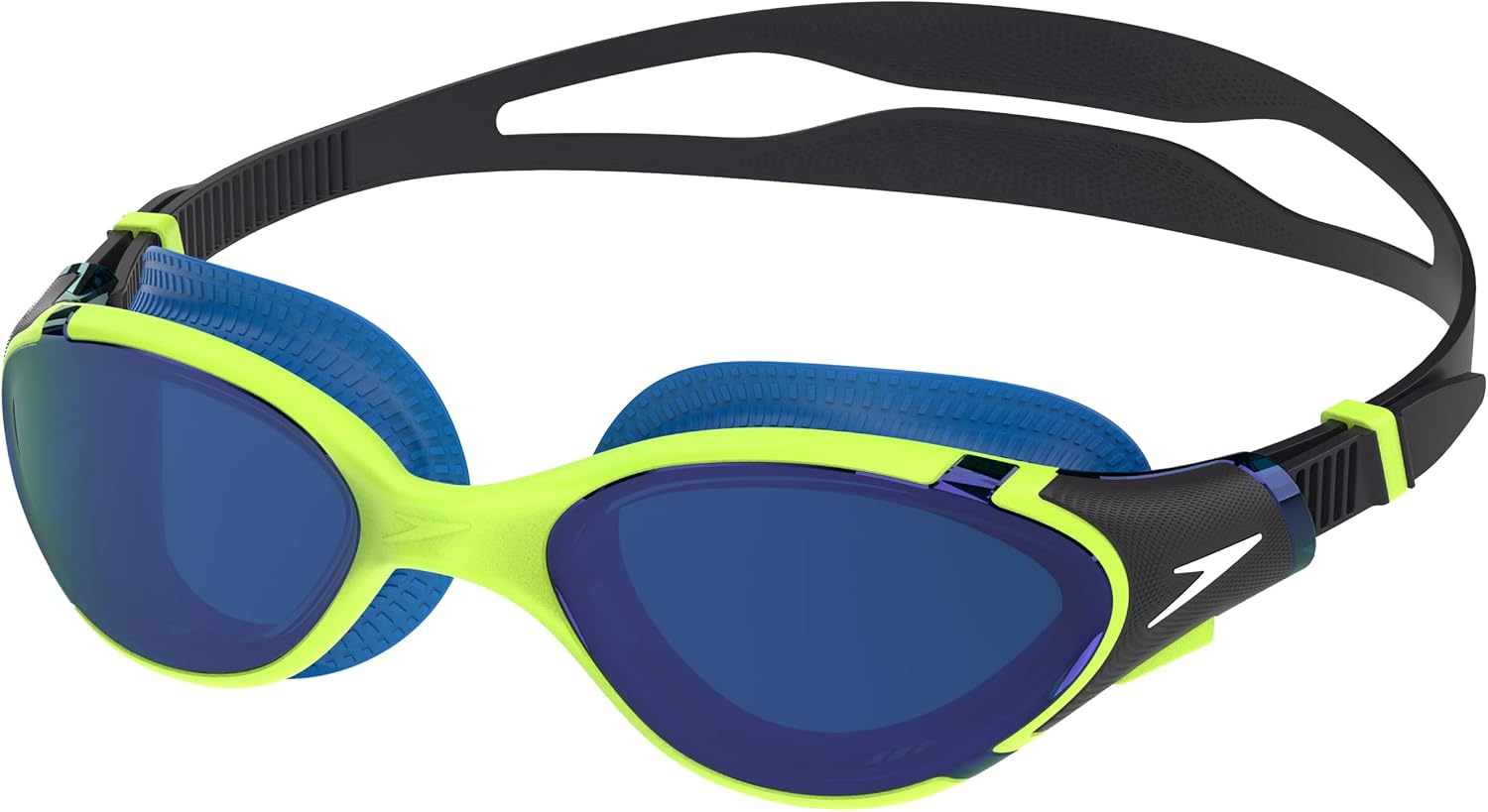 Vista laterale degli occhialini Speedo Biofuse 2.0 con cinturino sdoppiato per una stabilità e aderenza ottimali.