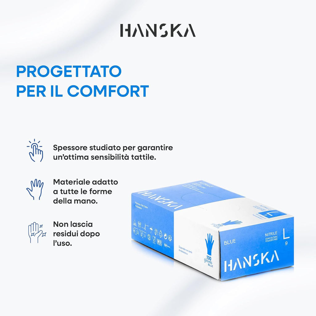 HANSKA 100 Guanti Monouso Nitrile Blu - Senza Polvere - Usa e Getta- Ambidestri - Non Sterili - Base di Gomma - Adatti per…
