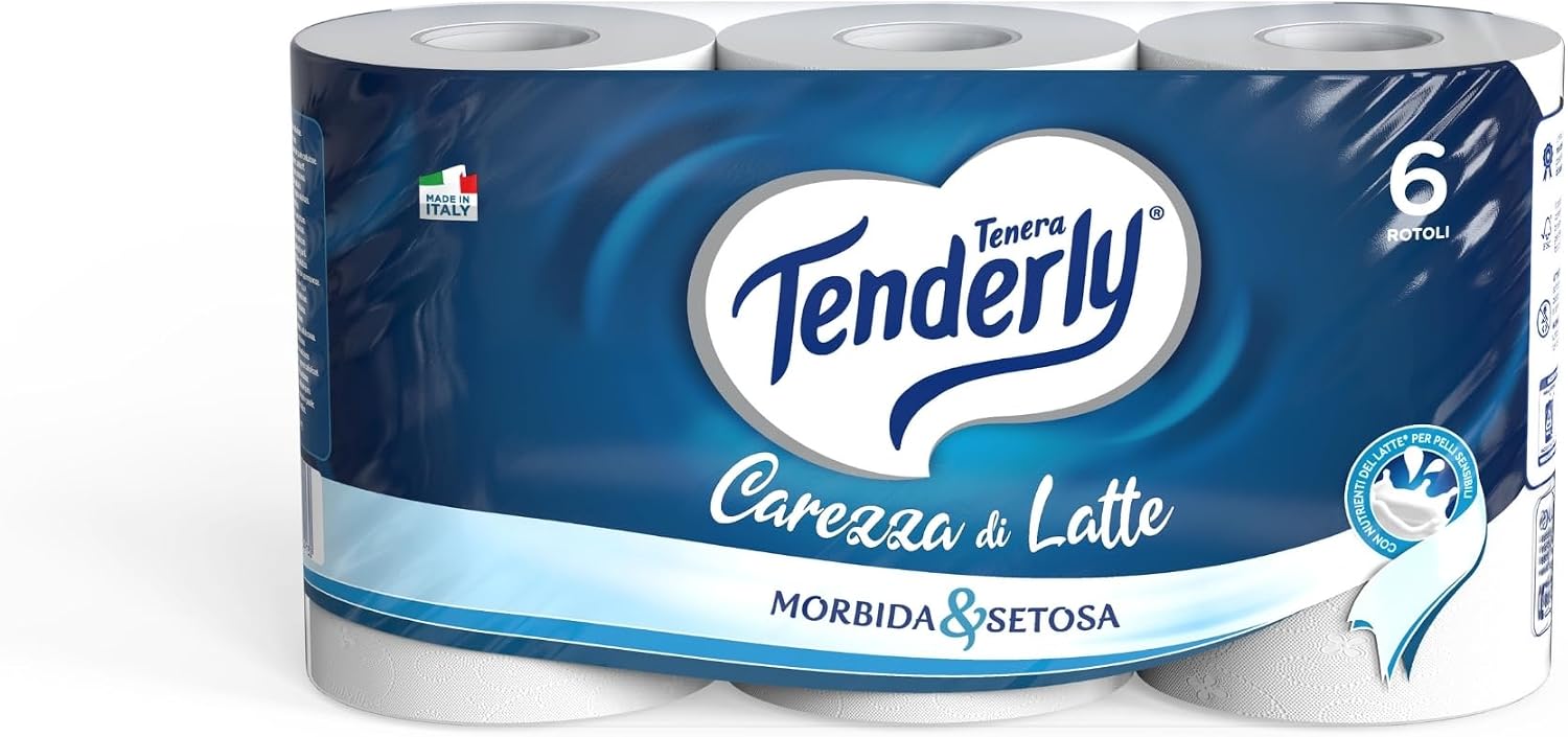 Tenderly Carezza di Latte, 6 Rotoli di Carta Igienica Morbidissima 2 Veli, Realizzata con Fibre 100% Naturali di Latte, Made in Italy