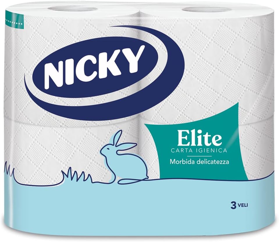 Nicky Elite - 4 Rotoli di Carta Igienica a 3 Veli | 170 Soffici Fogli, Morbida e Resistente a Contatto con la Pelle, Dermatologicamente…