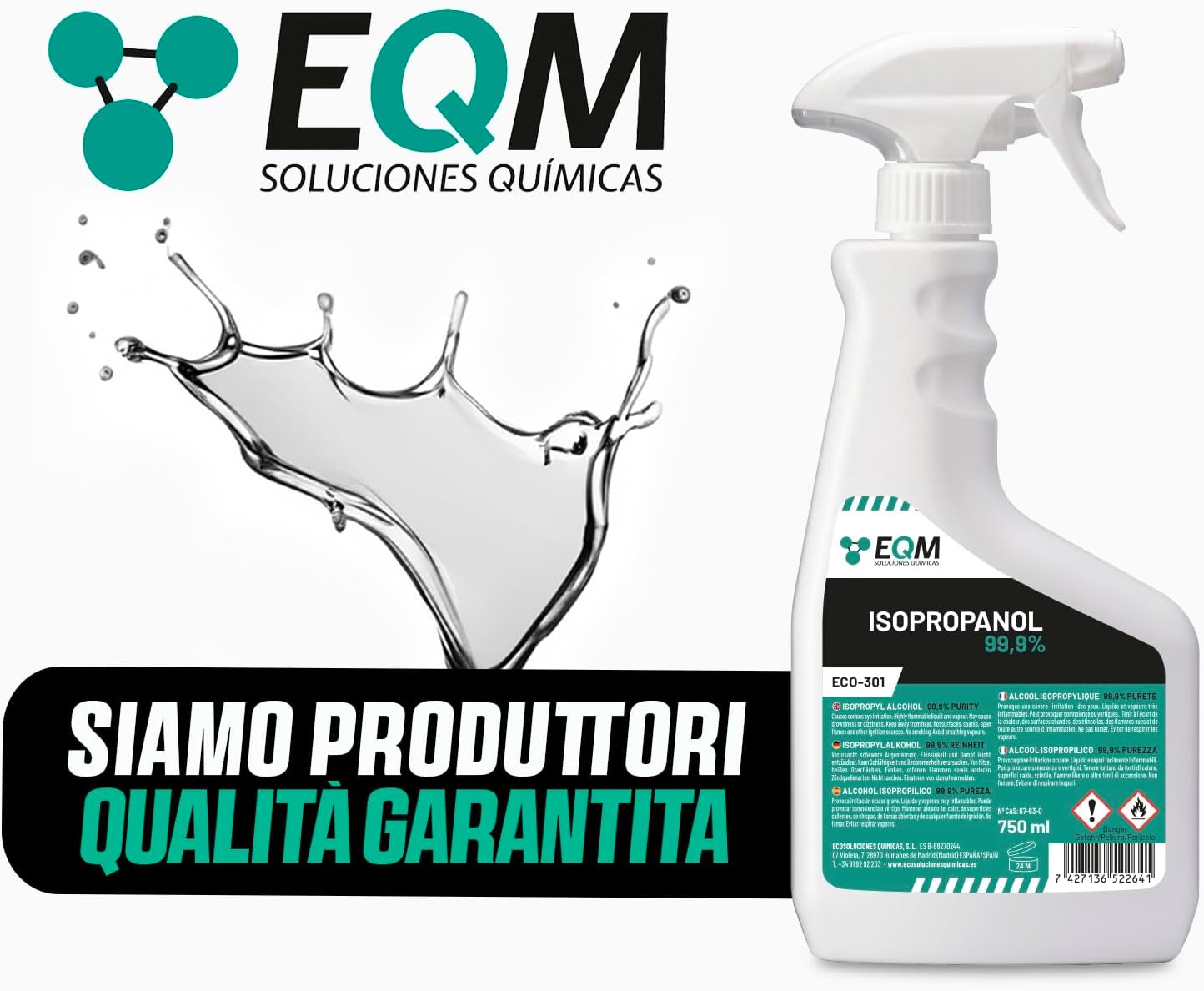 EQM - ECO-301 - Isopropanolo / Alcool Isopropilico 99,9% - 750 ML - Pulizia di Componenti Elettronici, Lenti, Schermi e Resine per…