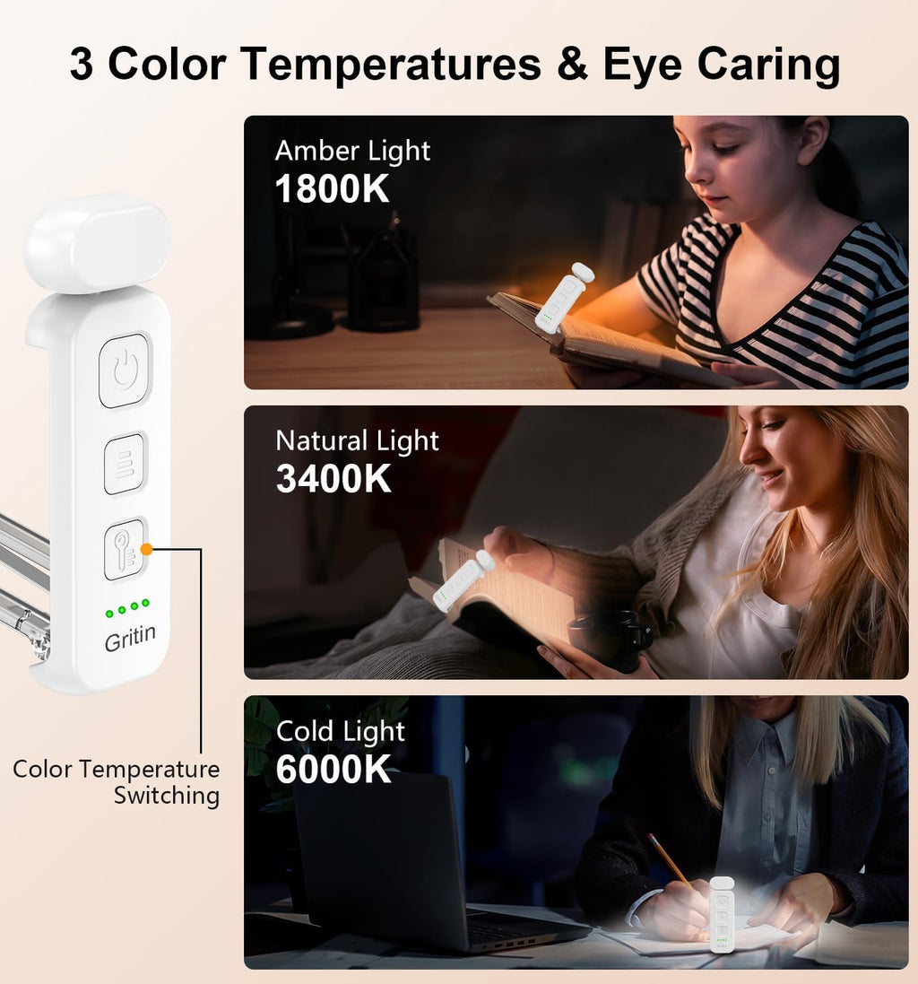 Gritin Luce per Lettura Libri a Letto, 7 LED Luce Lampada da Lettura per Libro Ricaricabile Clip, 3 Temperatura Colorei, 5…