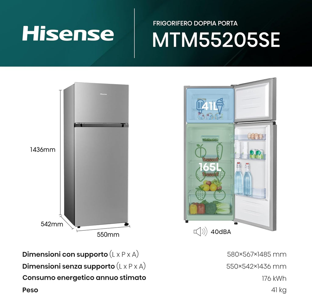 Hisense MTM55205SE Frigorifero Doppia Porta a Libera Installazione Modello 2022, 206 L, Silver,…