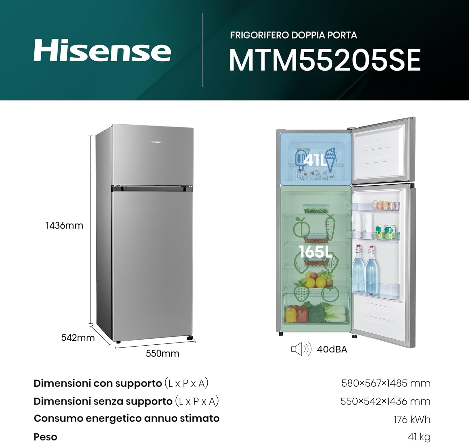 Hisense MTM55205SE Frigorifero Doppia Porta a Libera Installazione Modello 2022, 206 L, Silver,…