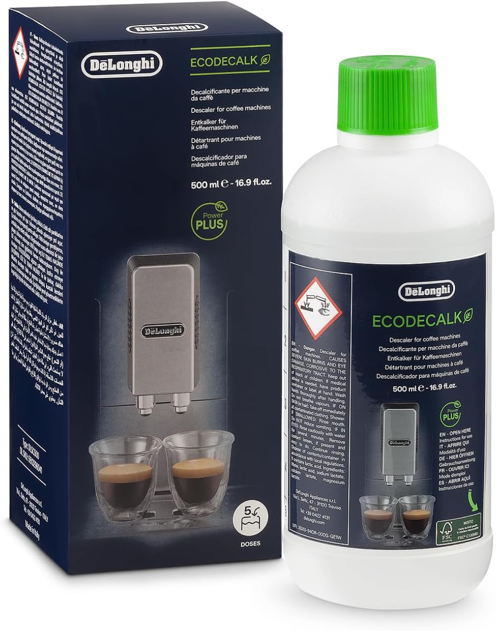 Close-up shot of De'Longhi EcoDecalk Decalcificante bottle and label.