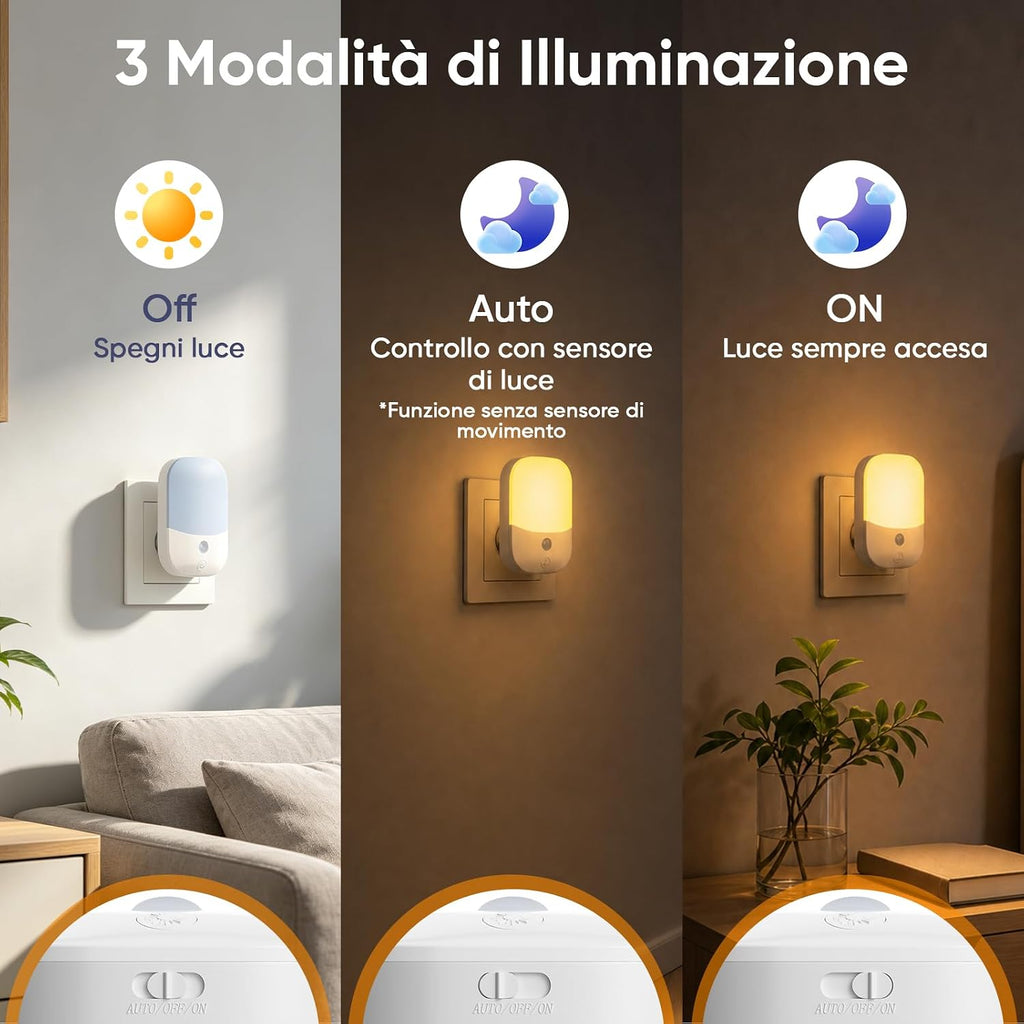 [2 Pezzi] Luce Notturna da Presa con Sensore Crepuscolare, 5 Livelli Dimmerabile, 3000K Bianco Caldo, Modalità ON/OFF/Auto, LED…
