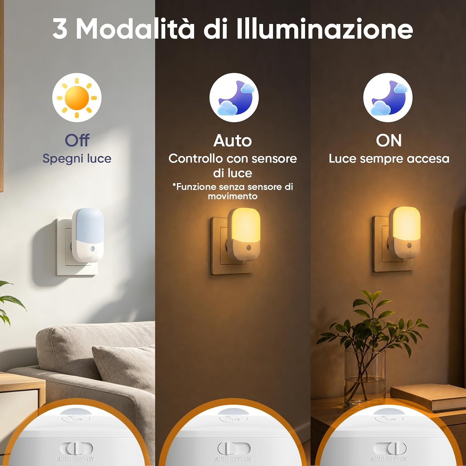 [2 Pezzi] Luce Notturna da Presa con Sensore Crepuscolare, 5 Livelli Dimmerabile, 3000K Bianco Caldo, Modalità ON/OFF/Auto, LED…