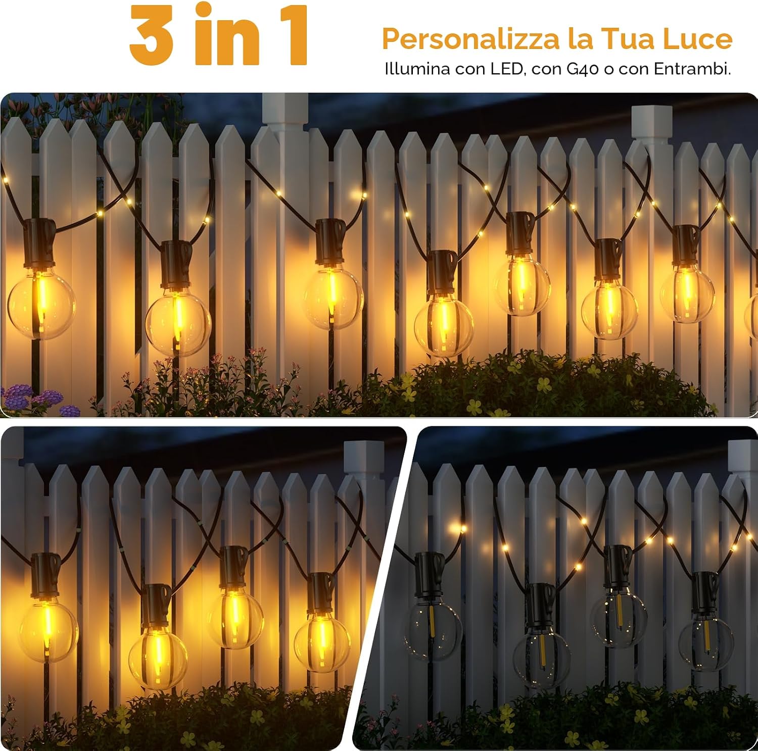 Catena Luminosa Esterno Solare 12M 14+1 G40 Lampadine LED Luci Solari per Esterni 19 Modalità Impermeabile Luci Solari Esterno…