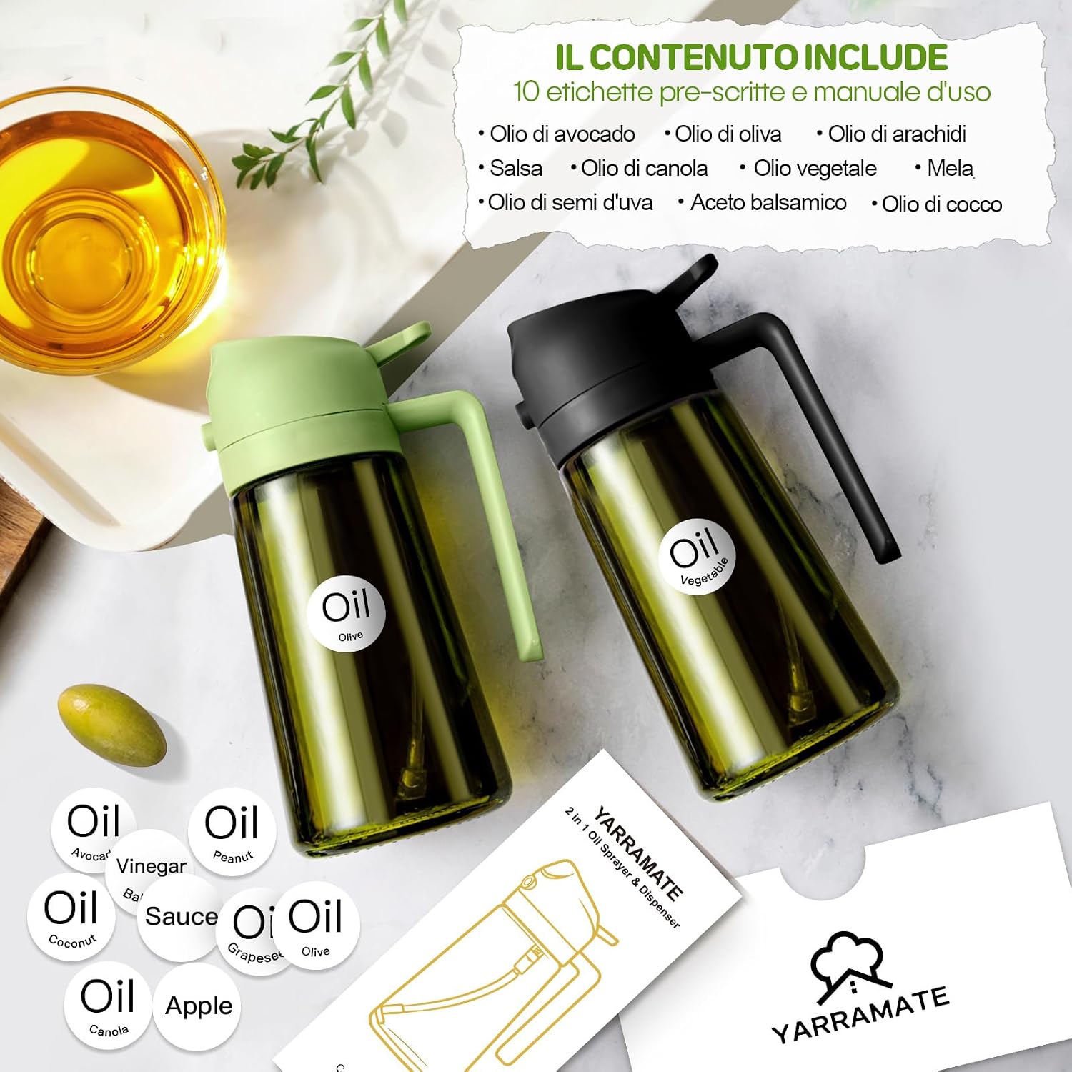 YARRAMATE Spruzzino Olio in Vetro Luce Blocco Scuro Verde per Friggitrice Aria 2 in 1, 470 ml Dosatore d'Oliva Bottiglia e Oliera…