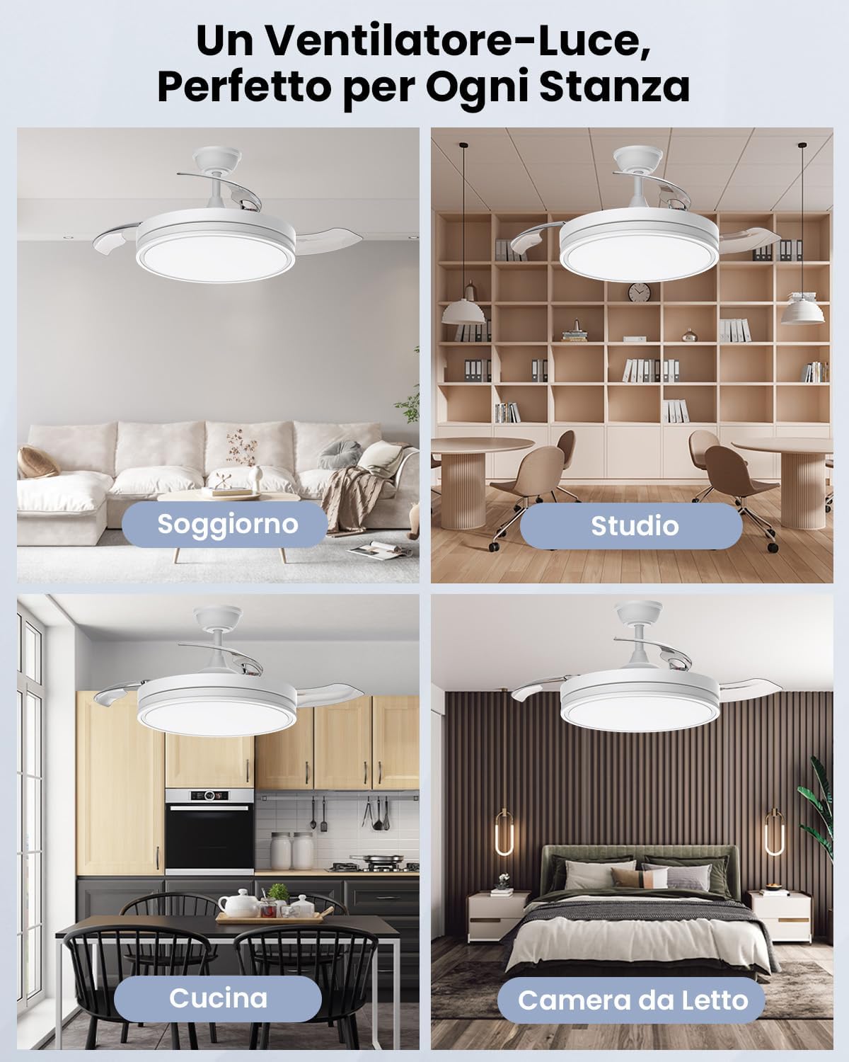 Airwit 106cm Ventilatore da Soffitto con Luce e pale retrattili, Silenzioso Lampada Ventilatore da Soffitto…